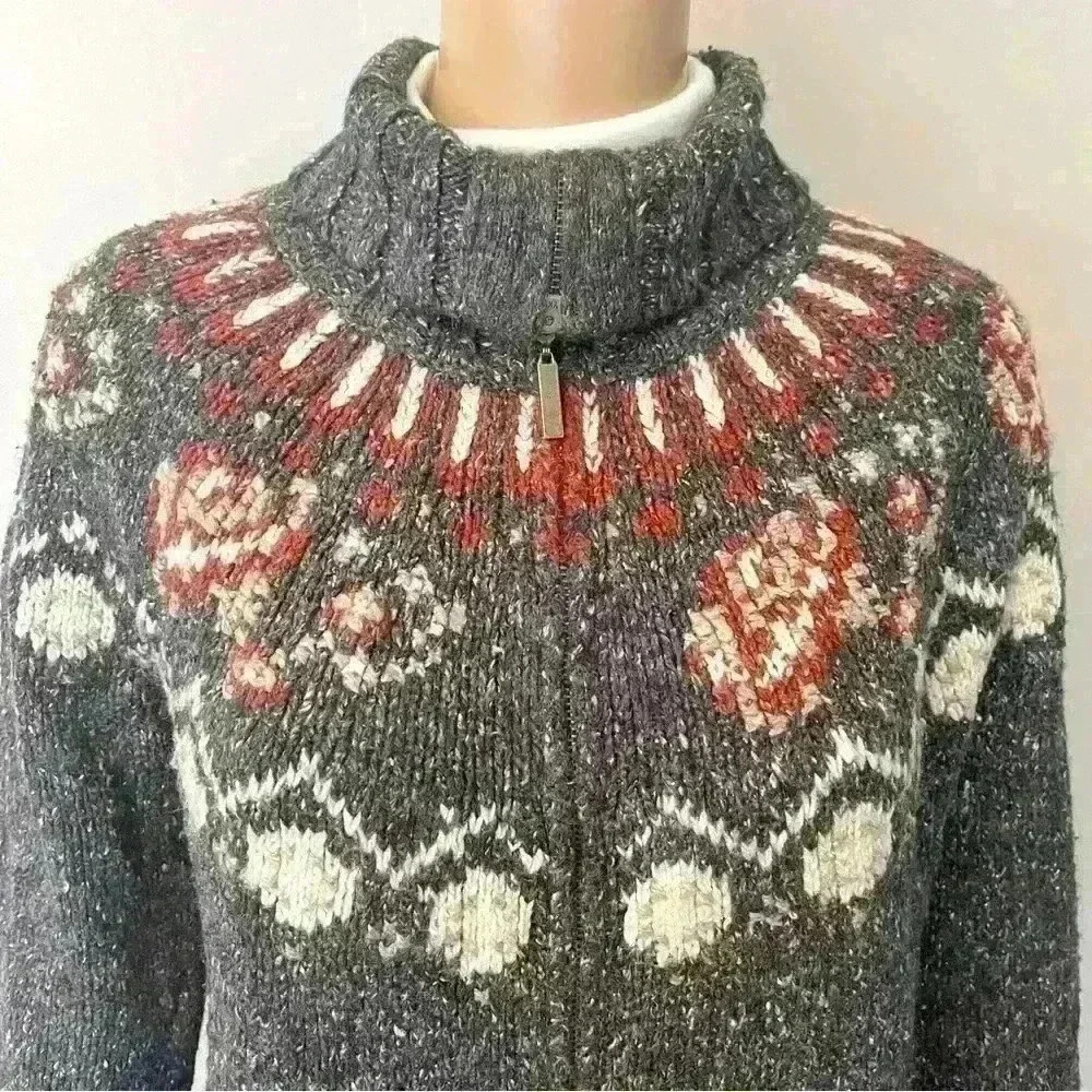 Vintage Wool Blend Boho/Bohemian Relaxed Fit Zip Up Grey Cardigan Sweater - Picture 2 of 13